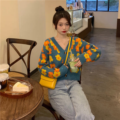 flowersverse Autumn Floral Sweet Knitting Sweater Coat Female Korean Holiday Casual Sweater Tops Sexy Two Piece Suit Knitting Tops