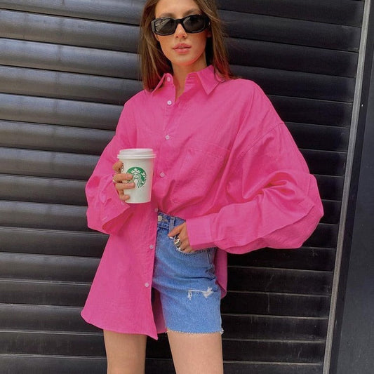 flowersverse Autumn Loose Pink Office Women Shirt  Elegant Long Sleeve Fashion Blouses Cotton Streetwear Solid Shirts Top Female