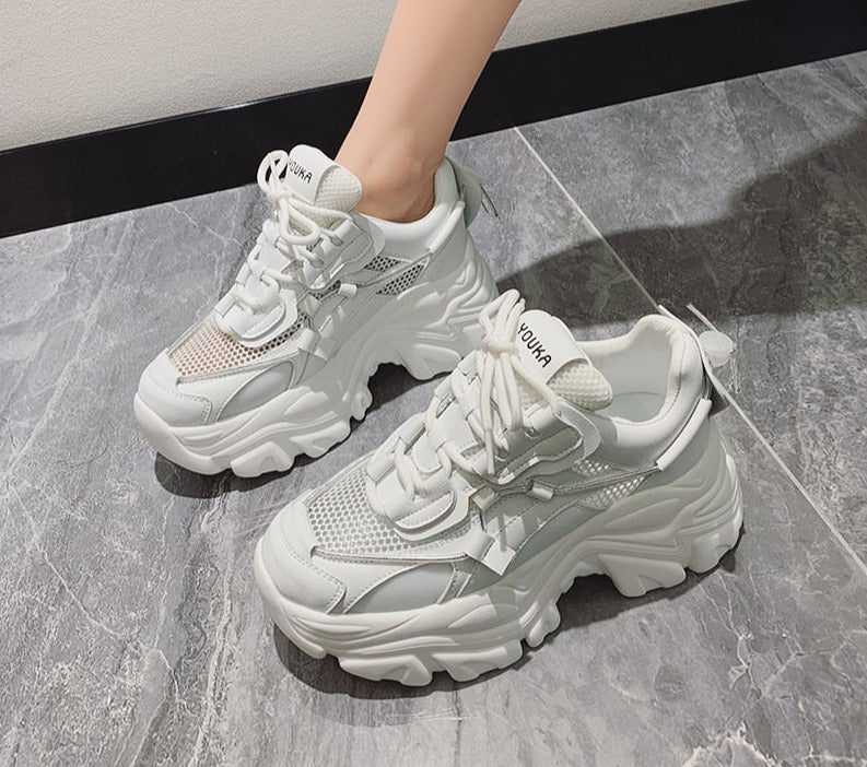 flowersverse Spring Women Chunky Sneakers Fashion Solid Color Platform Shoes Lace Up Breathable Mesh Vulcanize Shoes Women Casual Shoes