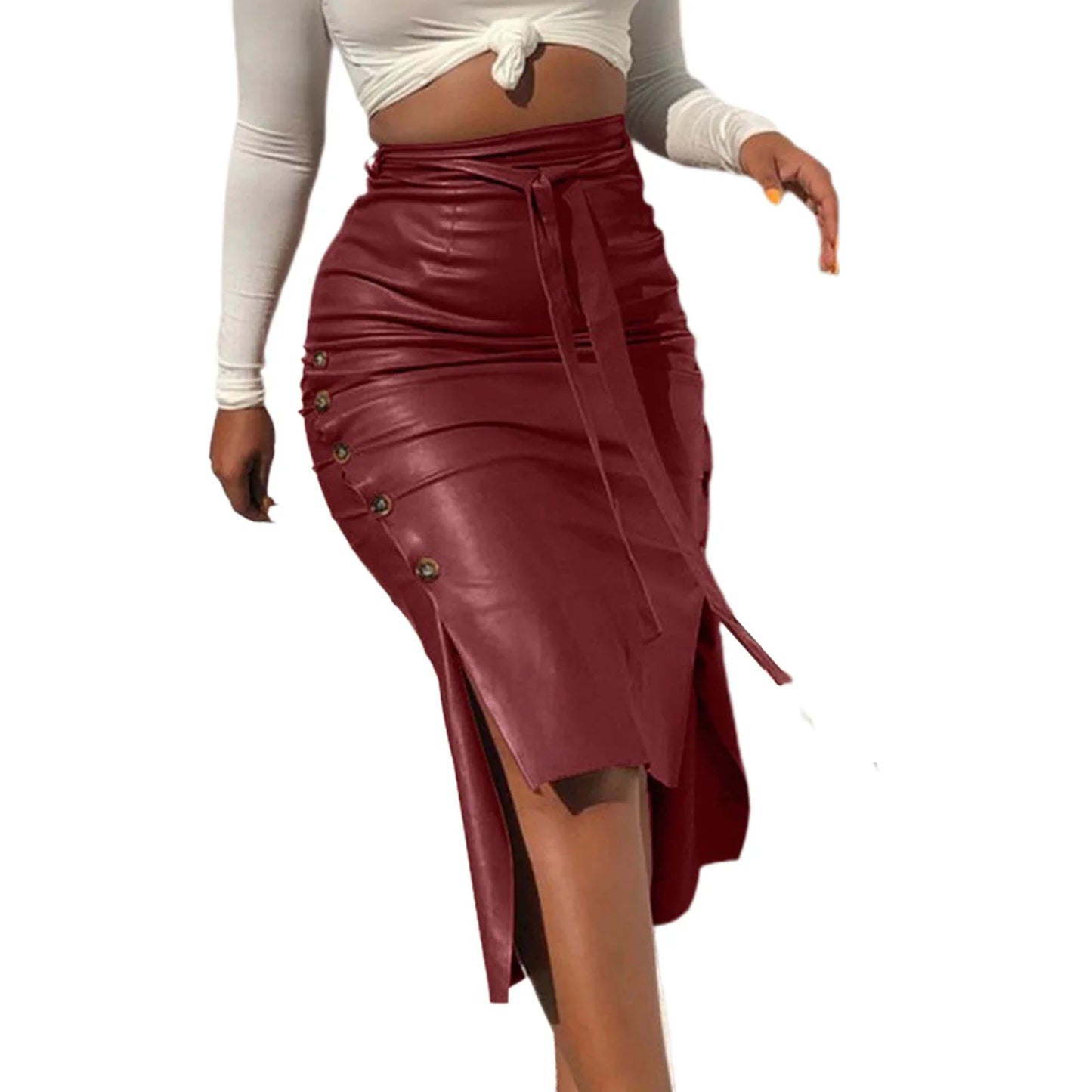 flowersverse-Women Trendy PU Leather Midi Skirt Solid Color High Waist Lace-Up Side Button Ladies Slim Skinny Pencil Skirt Streetwear