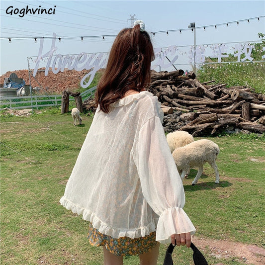 flowersverse Blouses Women Summer Perspective Ruffles Casual Sun-Proof Classy Thin All-Match Korean Style Cozy Womens Top Blusas Cute Trendy