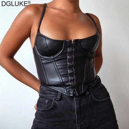 flowersverse  Black PU Leather Bustier Corset Top Women Spaghetti Strap Backless Faux Leather Crop Top Fashion Streetwear Tops For Summer