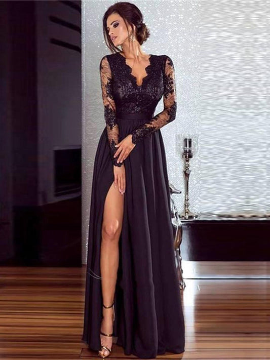 flowersverse   Spring Summer Black   Lace Long Sleeve High Slit Evening Dresses Ladies V Neck Nightclub Robes Prom Party A Line Gowns