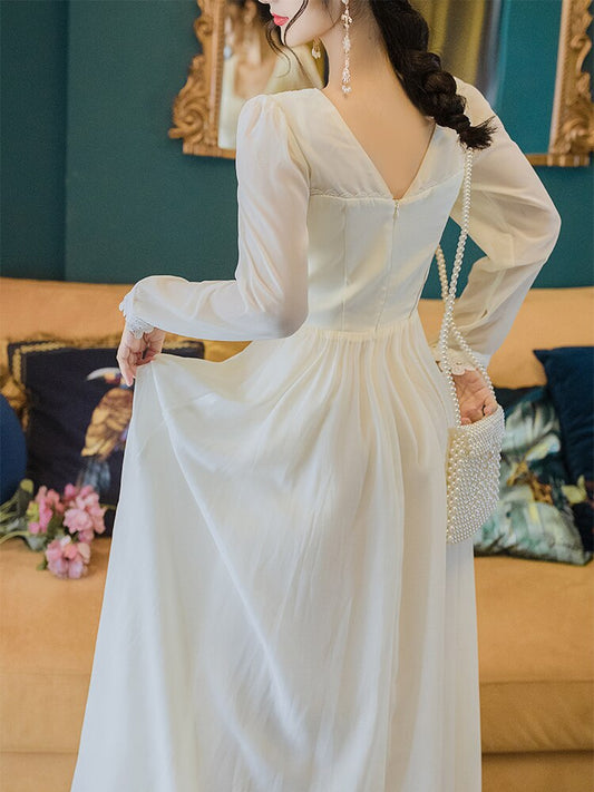 flowersverse Back to school Beige Long Dress For Women Vintage Beading Square Collar With Lace Fairy Princess Dresses Elegant Lady Robe Vestido Branco