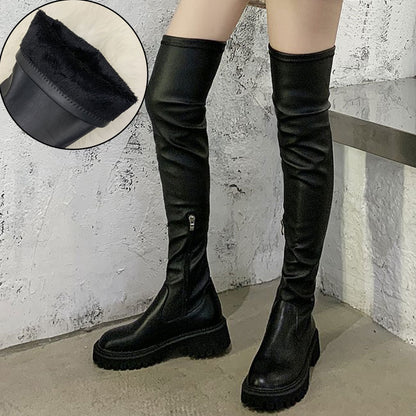 flowersverse Brand Design Skidproof Sole Cosy Chunky Heels Fashion Stylish Leisure Cool Add Fur Winter Over The Knee High Boots Shoes Women