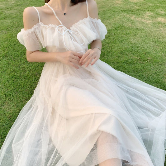 flowersverse Bella Philosophy Lolita Style Mesh Ruffles Slash Neck Off Shoulder Lace Up Women Summer White Dress Spaghetti Strap Dresses