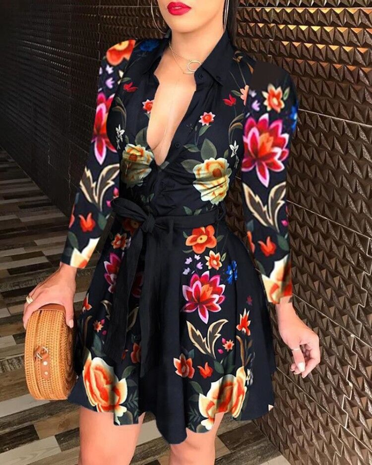 flowersverse Hirigin Women Printed Long Sleeve Dress Casual Bandage Mini A-Line Dresses   Party Summer Feminias Vestidos Women Clothes