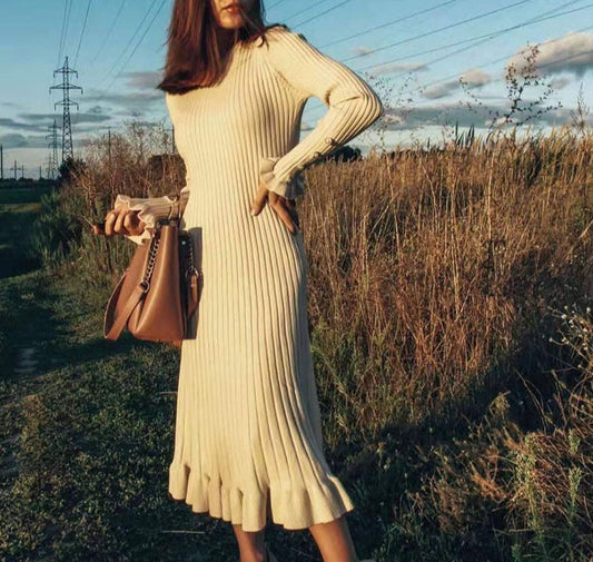 flowersverse autumn winter thick mermaid maxi sweater dress women o-neck long sweater dress elegant female a-line slim sexy knit dress