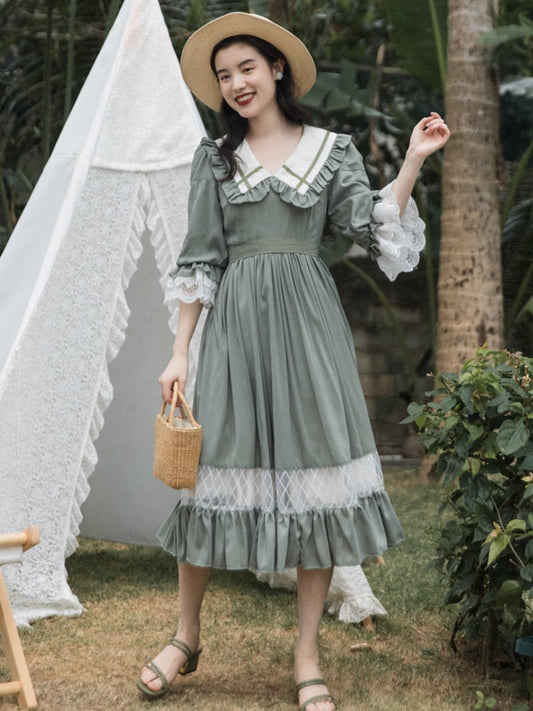 flowersverse Back to school  Cottage Style Green Prairie Dress Vintage Mori Girl Peter Pan Collar Petal Sleeve Lace Loose Casual Dresses Retro Lady Vestido