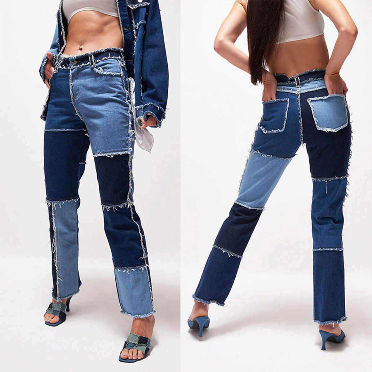 flowersverse Autumn Patchwork High Waist Straight Jeans Woman Pants Casual Denim Trousers Color Block Brown Streetwear Pants Jeans Woman