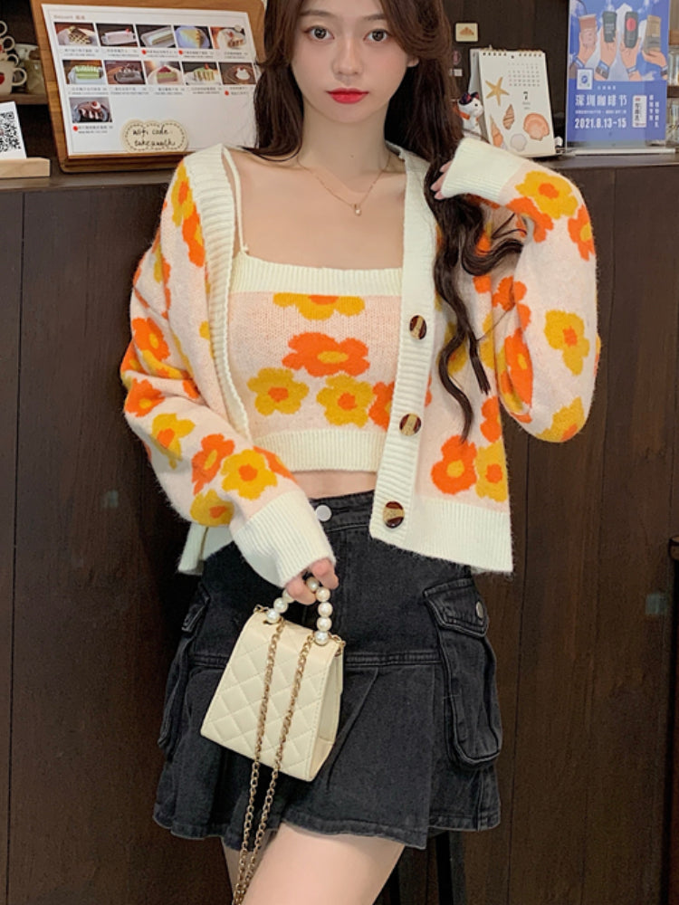 flowersverse Autumn Floral Sweet Knitting Sweater Coat Female Korean Holiday Casual Sweater Tops Sexy Two Piece Suit Knitting Tops