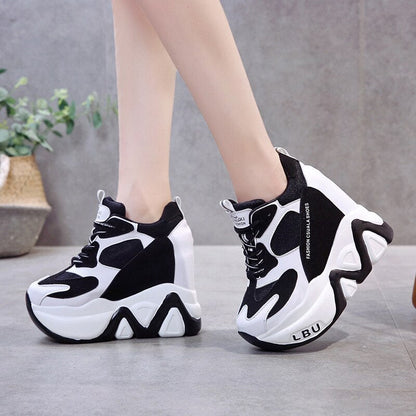 flowersverse Women High Platform Shoes New Breathable Women Height Increasing Shoes 12 CM Thick Sole Trainers Sneakers Woman Casual shoes