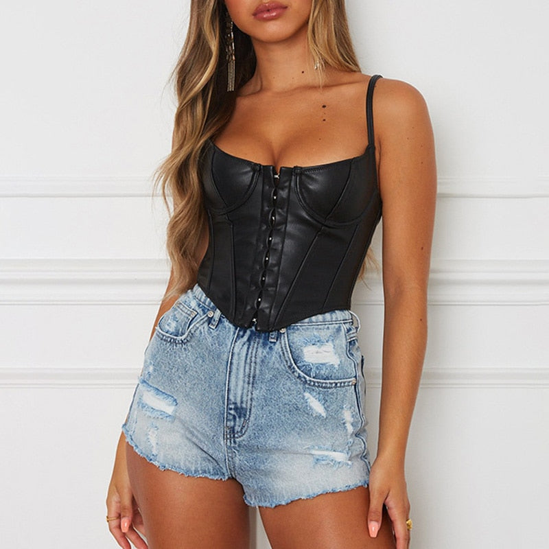 flowersverse  Black PU Leather Bustier Corset Top Women Spaghetti Strap Backless Faux Leather Crop Top Fashion Streetwear Tops For Summer
