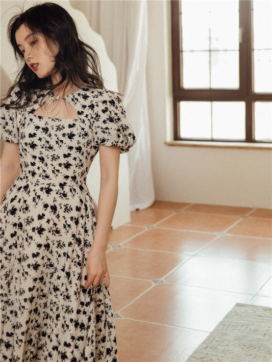 flowersverse Back to school outfit Japan Style Women Chiffon Dress Summer Modern Vintage Print Ink Wash Painting Puff Sleeve Midi Dresses Streetwear Vestido Fiesta