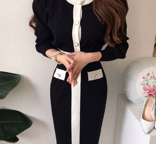 flowersverse Back to school outfit Elegant 2 Piece Set Women Korean Chic O-Neck Single Row Buckle Colliding Knit Sweater High Waist Bodycon Skirt Suit