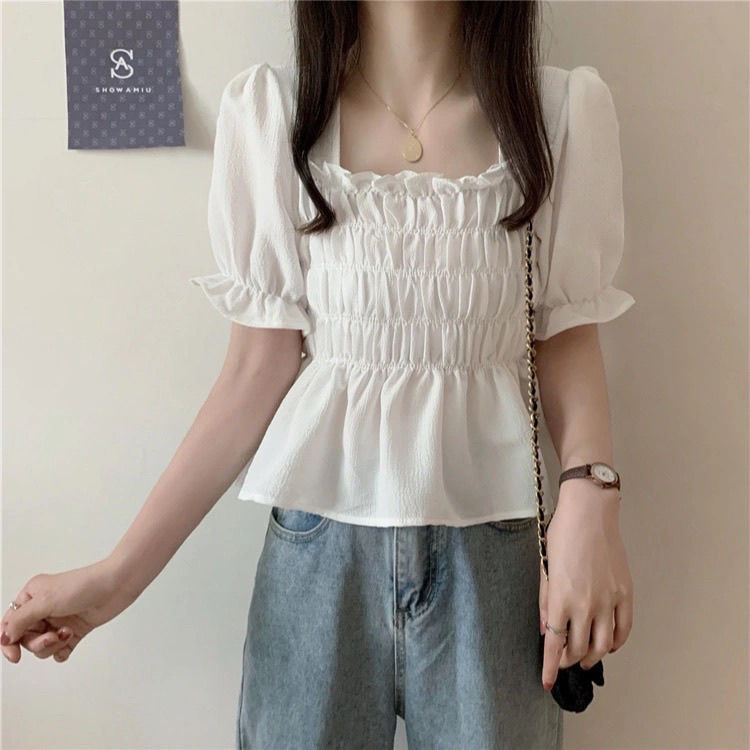 flowersverse Blouses Women Puff Short Sleeve Cropped Solid Simple Korean Style Summer Student Gentle Feminino Tops All-Match Fashion Leisure