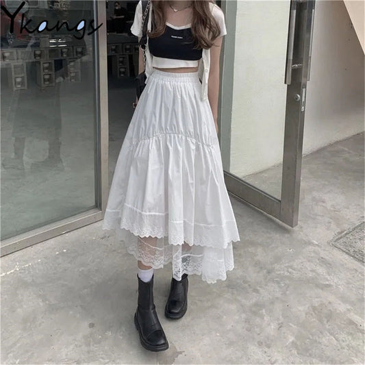 flowersverse Black Gothic Lace Stitching Irregular Pleated Skirt Women White Vintage High Waist Long Skirt Korean Solid Hip Hop Streetwear