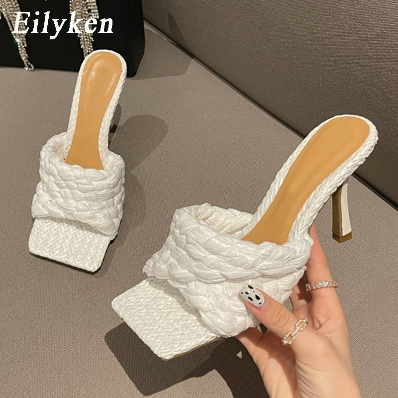 flowersverse  New Summer Design Weave Square Toe Heels High Quality Slippers Gladiator Beach Womens Sandal Slides Shoes