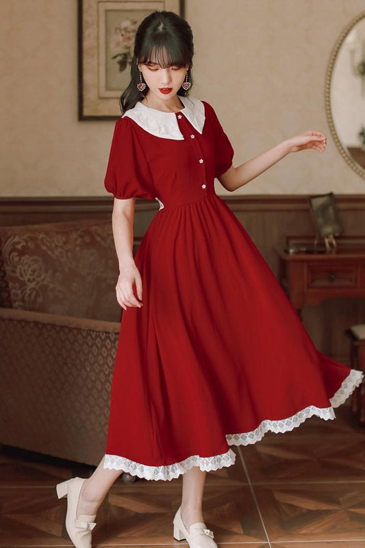 flowersverse Back to school  Summer Women Red Dress Japanese Style Lace Peter Pan Collar Vintage Elegant Lady Long Midi Dresses Vestido Robe Rouge Femme