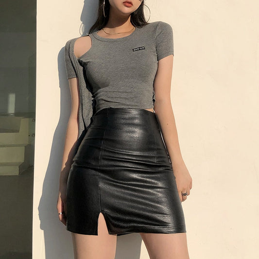 flowersverse Black Split Mini Black Leather Skirt Women Korean Fashion High-waisted Punk Style Bodycon Goth Sexy Skirts Female
