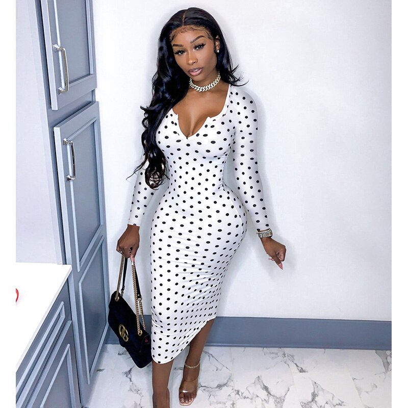 flowersverse   Deep V Low Cut Bodycon Dress Vintage Leisure Women Polka Dot Dresses Office Lady Long Sleeve Bodycon Dress