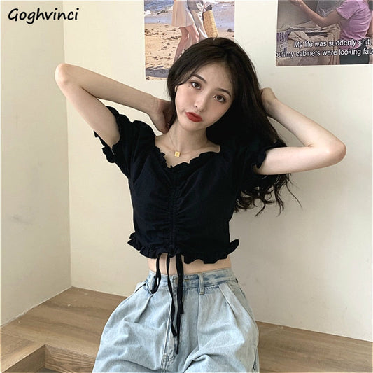 flowersverse Blouses Shirts Women V-Neck Summer Puff Sleeve Chic Korean Style Crop Top Pleated Lace-Up Sweet Slender All-Match Ins Womens New