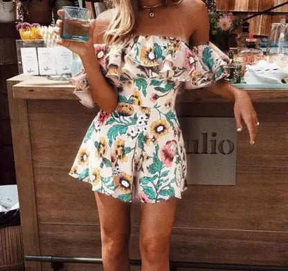 flowersverse-Womens Summer Off Shoulder Ruffle Romper Short Suspenders Jumpsuits Overall Lady Floral Printed Playsuit Beach Short Jumpsuits