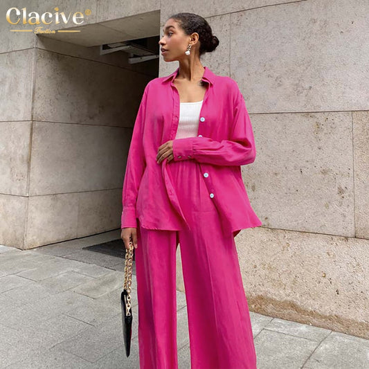 flowersverse Autumn Casual Pink Women Sets Fashion Long Sleeve Blouse Shirts High Waist Pants Two Piece Set Wide Leg Trousers Suit