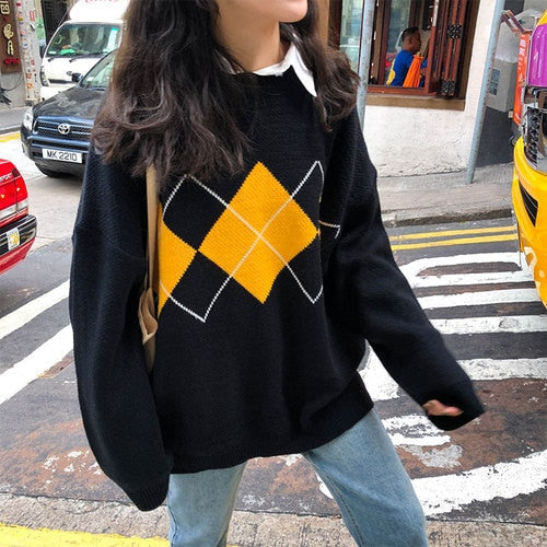 flowersverse Knitted Sweaters Women Casual Pullover Fashion Argyle Sweater Winter College Style Loose Top Woman Jumper Sueter De Mujer