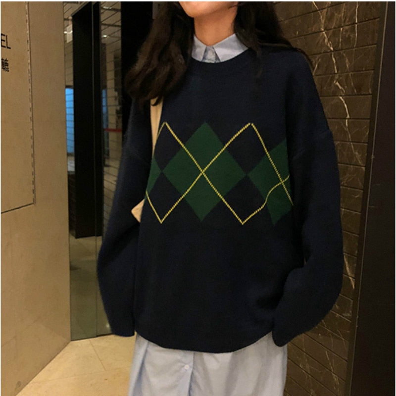 flowersverse Knitted Sweaters Women Casual Pullover Fashion Argyle Sweater Winter College Style Loose Top Woman Jumper Sueter De Mujer