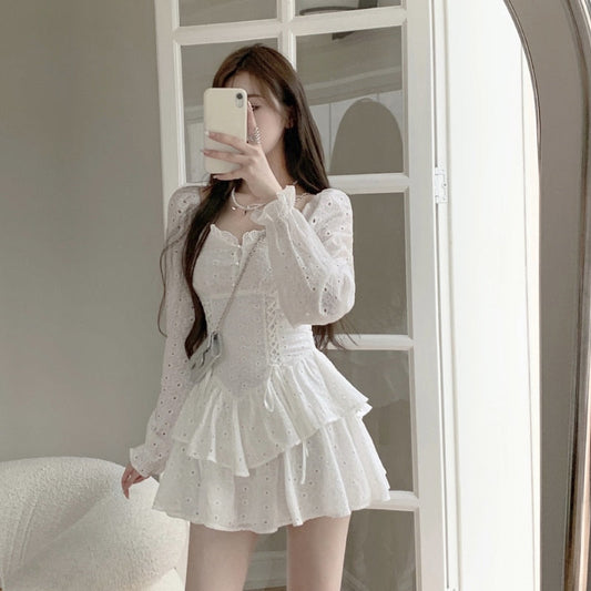 flowersverse Autumn White Fairy Kawaii Dress Women V-neck Slim Elegant Party Mini Dress Female Korean Fashion Designer Y2k Dress
