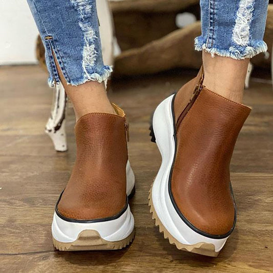 flowersverse Women's Ankle Boots Round Toe Side Zipper White Bottom Ladies Platform Shoes Solid Color Daily Walking Female Casual Shoes