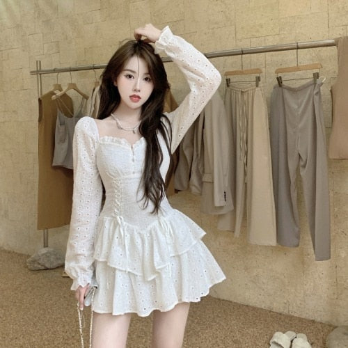 flowersverse Autumn White Fairy Kawaii Dress Women V-neck Slim Elegant Party Mini Dress Female Korean Fashion Designer Y2k Dress