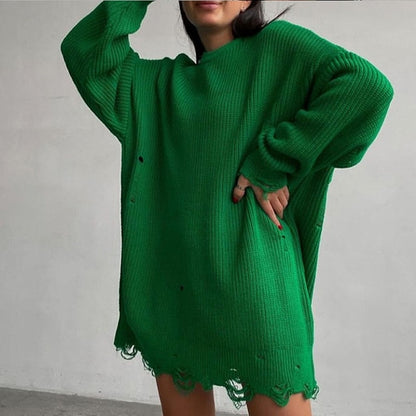 flowersverse Autumn Winter Women Knitted Sweater Long Sleeve Sexy Hole Asymmetric Hem Loose Pullover Elegant Street Casual Sweaters Dresses