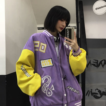 flowersverse America Bomber Baseball Jacket Purple Embroidery Letter Female Men Jacket Women Harajuku Plus Size Streetwear Outerwear Goth