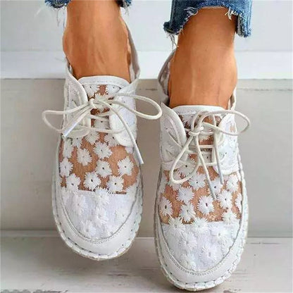 flowersverse  Summer Comfortable Loafers Women's Retro Mesh Breathable Flat Casual Shoes 35-40 Hollow Embroidery Lace Up Female Sneakers