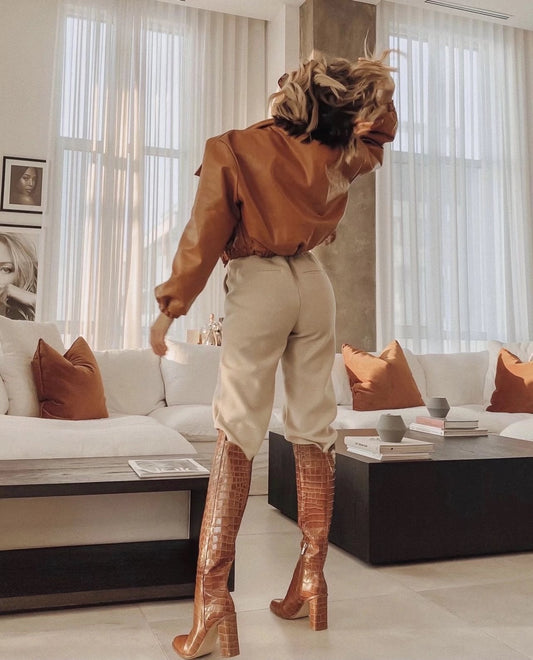 flowersverse Autumn Spring Solid Casual Jacket Women Female Chic Long Sleeve PU Leather Jacket With Quilted Lining Cropped Coat Outwear