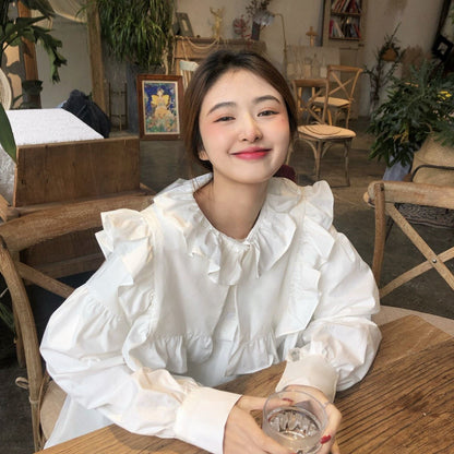 flowersverse Blouses Women French Vintage Peter Pan Collar Design Tender Japanese Style Full Sleeve Edible Tree Fungus Girlish Fashion Spring