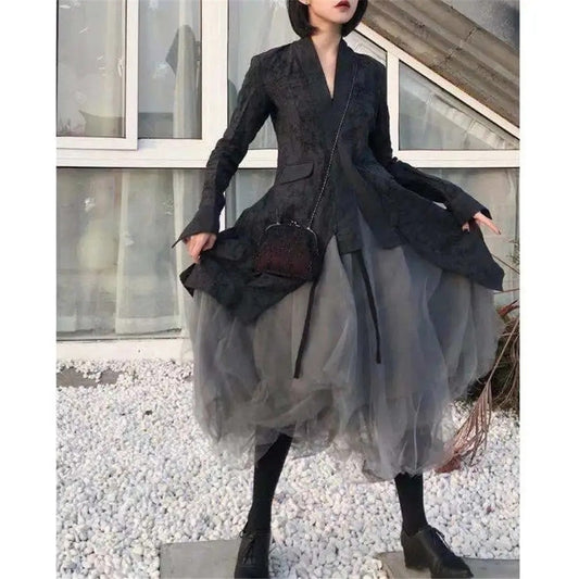 flowersverse Back to college outfits Gothic Gray Tulle Long Irregular Pleated Skirts Elastic High Waist A-Line Mesh Midi Skirts Vintage Punk Streetwear Streetwear fx0615
