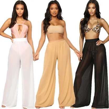 flowersverse-Hot Sale Sexy Women Long Mesh Sheer Pants Beachwear See-Through High Wasit Swimsuit Trunks Loose Pant Wide Leg Trousers