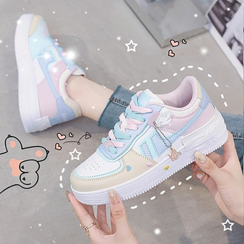 flowersverse New Fashion Summer Increased Outdoor Small White Women Flats Shoes Macarons Color Comfortable Breathable Sneakers