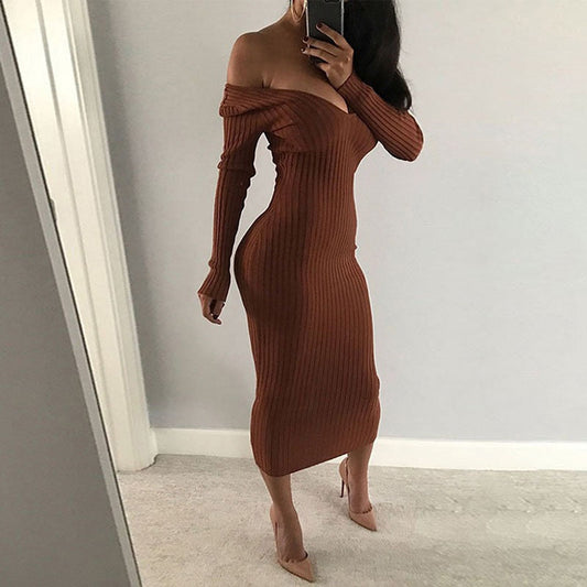 flowersverse  Spring Autumn   Deep V-Neck Casual Knitted Dress Women Fashion Long Sleeve Sweater Dresses   Package Hip Long Dress