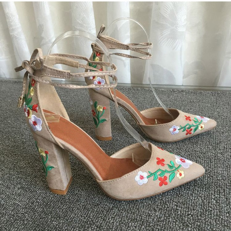 flowersverse Women High Heels Plus Size Embroidery Pumps Flower Ankle Strap Shoes Female Two Piece   Party Wedding Pointed Toe