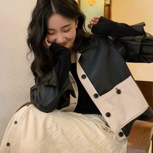 flowersverse Autumn Korean Fashion Leather Jackets Women Patchwork Loose Casual Short Coat Female High Street Winter Warm Jacket Ladies
