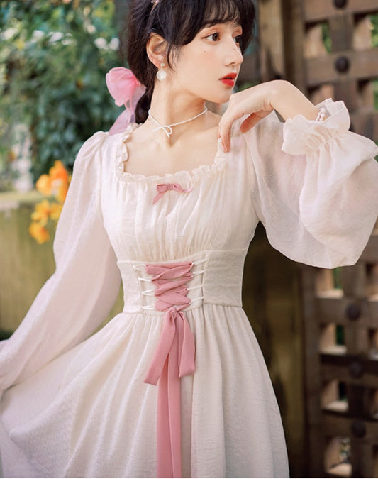 flowersverse Back to school  Vintage Bandage Fairy Dress For Slim Lady French Royal Court Style Bow Petal Sleeve Lolita Princess Dresses Mori Vestido Festa