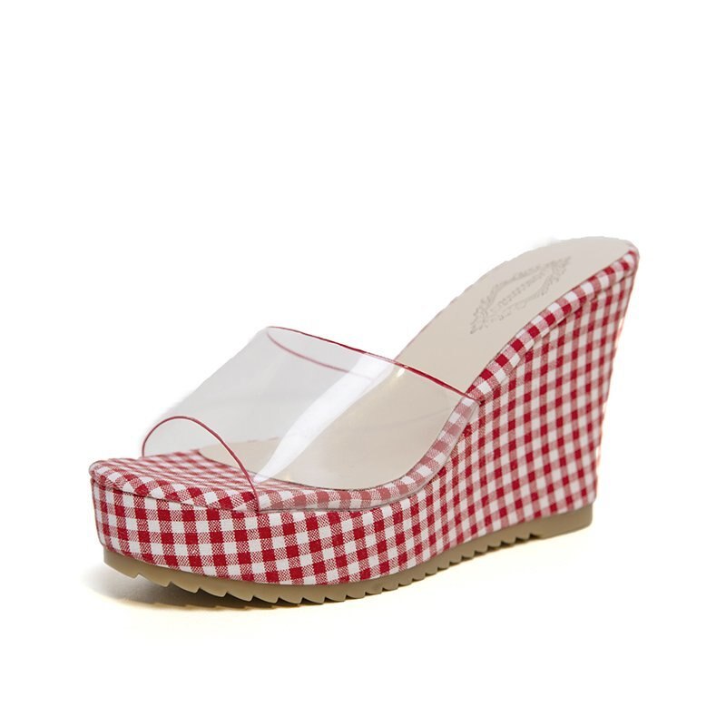 New Summer Women's Slippers Fashion Plaid Cloth Wear-resistant Square Head Wedge Heel Thick Bottom Waterproof Platform Sandals