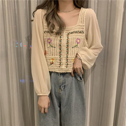 flowersverse Blouse Women Print Casual Simple Hollow Out Teens Square Collar Daily Vintage Harajuku Crop Chic Comfortable College Loose New