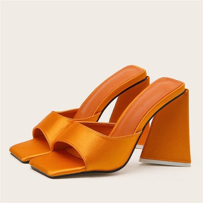 flowersverse  Women Design 11cm High Heels Slides Mules Summer Silk Thick Block Heels Sandals Slingback Orange Slipper Party Chunky Shoes