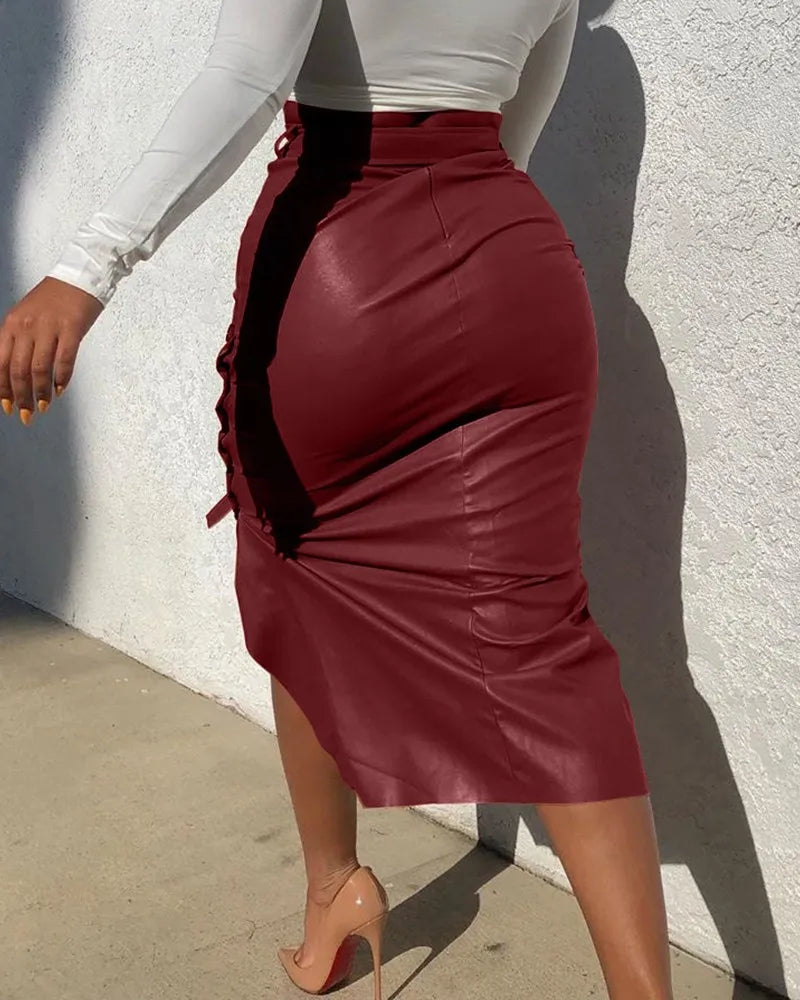 flowersverse-Women Trendy PU Leather Midi Skirt Solid Color High Waist Lace-Up Side Button Ladies Slim Skinny Pencil Skirt Streetwear