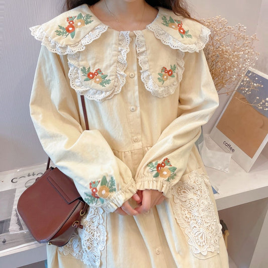 flowersverse Back to school outfit Dress  Spring Female Vintage Corduroy Doll Collar Age Reduction College Style Waist Slimming Embroidered Vestidos